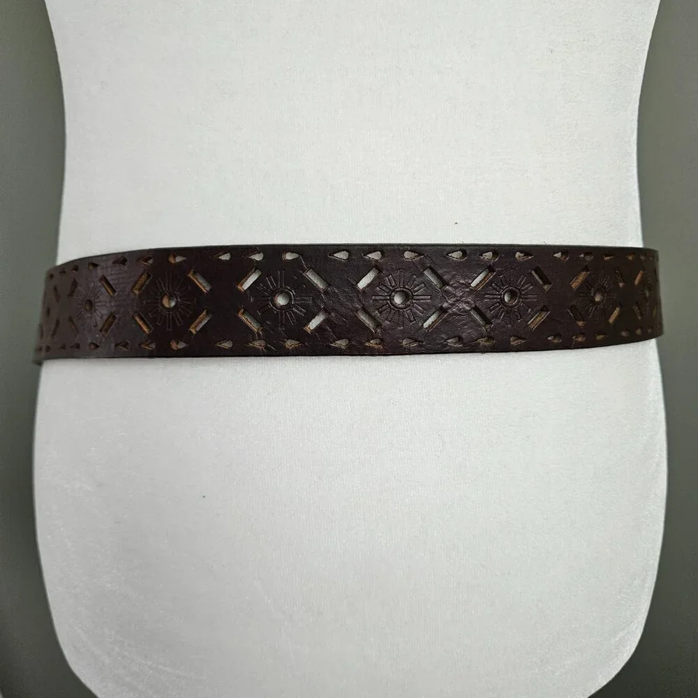 Boho Chocolate Brown Perforated Sunburst Tooled Leather Belt L